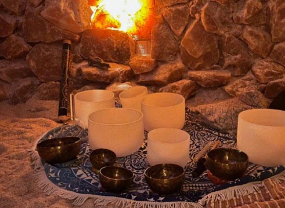 Crystal singing bowls in the salt cave